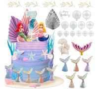 Birthday Cake Toppers, 29 PCS Mermaid Cake Toppers, Mermaid Tail Seaweed for Under the Sea Theme Girls Boys Birthday Ginkgo Leaves Cake Decoration. (7)