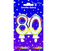 Birthday Candle Milestone Number 80, White joint number glittery candle with a light blue, red, dark blue purple, yellow and green outline of both numbers