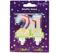 Birthday Candle Number 21, White joint number glittery candle with a light blue, red, dark blue purple, yellow and green outline of both numbers