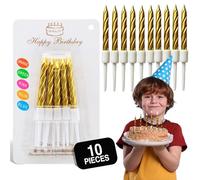 Birthday Candles, Gold Birthday Candles for Cakes, Pack of 12 Party Spiral Candles with White Candle Holders, Candles for Wedding, Birthday, Party Decorations, Anniversary and Meetups (Gold)