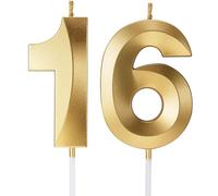 Birthday Candles Number Candles Age Year for Cakes Happy Birthday 3D Designed Wedding Anniversary Party Cake Topper Decorations (Gold, 16)