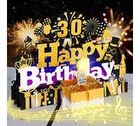 Birthday Card, 30th Musical Pop Up Birthday Cards Play Happy Birthday Song once Open the 3D Pop Up Card Blow out LED Candlelight and Say Happy Birthday greeting Gift card for Men, Women Black Gold