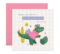Birthday Card Adorable Dinosaur - 'Have A Dinomite Birthday' - Presents for Sister, Brother, Colleague, Friend - Have A Blast - Comes with Fun Stickers