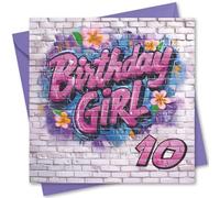 Birthday Card Age 10. Graffiti Girl Design. Card with Envelope. 150x150mm supplied with Envelope. Eco-friendly. Message inside. Made in Britain.