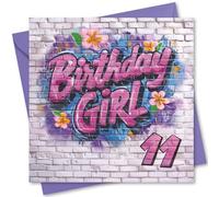 Birthday Card Age 11. Graffiti Girl Design. Card with Envelope. 150x150mm supplied with Envelope. Eco-friendly. Message inside. Made in Britain.