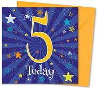 Birthday Card Age 5. Birthday Card with Matching Envelope. Blue Star Burst design. Card size 148x148mm. Eco-friendly. Message inside. Printed and Packed in UK.