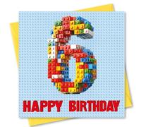 Birthday Card Age 6. Building Blocks Design. 150x150mm supplied with Envelope. Eco-friendly. Message inside. Made in Britain.