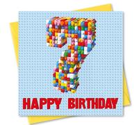 Birthday Card Age 7. Building Blocks Design. 150x150mm supplied with Envelope. Eco-friendly. Message inside. Made in Britain.