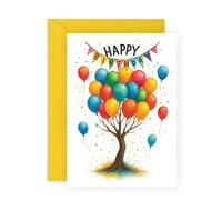 Birthday Card - Colourful Balloon Tree Celebration Birthday Card for Friend Sister Mum Dad Daughter Son Colleague Coworker Neighbour Kids Him Her - Whimsical Watercolour Style - Comes with Stickers