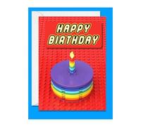Birthday card featuring a Lego brick building block themed birthday cake | Girl Boy Adult Birthday | Birthday card for kids, adults comes with an envelope | Designed & made in the UK