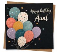 Birthday Card for Aunt, Colourful Balloons and Stars | Dark background with a bright balloon cluster and star confetti, finished with “Happy birthday Aunt” in flowing script.