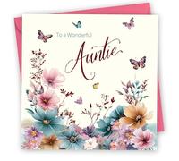 Birthday Card for Auntie. Butterflies & Flowers Design with Gold Foiled text. 150x150mm supplied with Envelope. Eco-friendly. Message inside. Made in Britain.