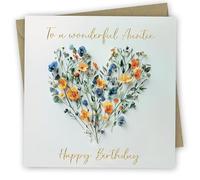 Birthday Card for Auntie. Heart of Flowers Design with Gold Foiled text. 150x150mm supplied with Envelope. Eco-friendly. Message inside. Made in Britain.