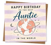 Birthday Card for Auntie, Planet, Stars and Moon | Cheerful space design with “Happy Birthday to the Best Auntie in the World” and a colourful planet with stars.