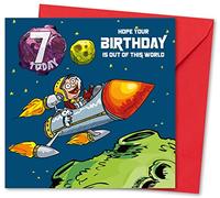 Birthday Card for Boy Age 7. Birthday Card with Matching Envelope. Space Rocket design. Card size 148x148mm. Eco-friendly. Message inside. Printed and Packed in UK.
