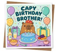 Birthday Card for Brother, Cappy Birthday, Party Table | Playful 'CAPPY BIRTHDAY BROTHER!' message with balloons, gifts, cake with candles, party snacks and confetti.