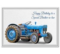 Birthday Card for Brother-in-law - Tractor Design - Special Farm Farming Farmers Greeting - Happy Best Wishes - Cool Unique Vector Art - Blank Inside - Unusual 1960s Super Dexta - Made in UK