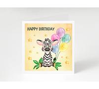 Birthday Card for Children, Happy Birthday Card for Children, Cute Wild Animal on Watercolour background Zebra Yellow