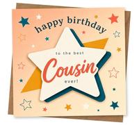 Birthday Card for Cousin, Best Ever Starburst | Cheerful starburst design says “happy birthday” and “to the best Cousin ever!” with a big layered star in the middle.
