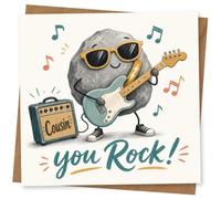 Birthday Card for Cousin, You Rock! Guitar & Amp | Cheery rock illustration: a cool grey character in sunglasses playing electric guitar, amp reads “Cousin” and “you Rock!”.