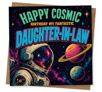 Birthday Card for Daughter-in-Law, Cosmic Astronaut | Bold space scene with astronaut helmet, planets and stars, plus the words “Happy Cosmic Birthday My Fantastic