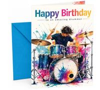 Birthday Card for Drummer Colour Splash Drum Kit Illustration | Large A5 Card with Printed Inside Message; Vibrant paint-splatter drummer and drum kit illustration for Birthday