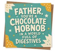 Birthday Card for Father, Chocolate Hobnob Digestives | Teal retro typography reads “Father, you’re a chocolate hobnob…” with playful stars and mustard corner shapes.
