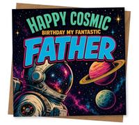 Birthday Card for Father, Cosmic Astronaut and Planets | Bold space scene with astronaut, planets and stars, plus the words “Happy Cosmic Birthday My Fantastic Father”