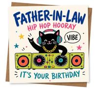 Birthday Card for Father-in-Law, Funny Cat Design | Blank inside for your own message; premium 360gsm card with matching envelope, designed and printed in the UK