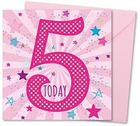 Birthday Card for Girl Age 5. Pink Star Burst design. 150x150mm supplied with Envelope. Eco-friendly. Message inside. Made in Britain.