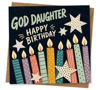 Birthday Card for God Daughter, Colourful Candles & Stars | Playful candle-and-stars illustration on a dark background with Happy Birthday wording, made for your God Daughter.