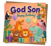 Birthday Card for God Son, Cute Monkey Animals Design | Blank inside for your own message; premium 360gsm card with matching envelope, designed and printed in the UK