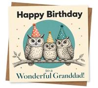 Birthday Card for Grandad, Charming Owl Trio Hats | Charming owl trio in party hats on a branch, saying “Happy Birthday to a Wonderful Granddad!” for your Grandad.