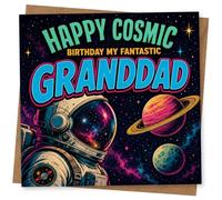 Birthday Card for Grandad, Cosmic Astronaut and Planets | Bright space scene with astronaut helmet, planets and stars, featuring the message “Happy Cosmic Birthday My Fantastic