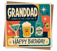 Birthday Card for Grandad, Retro Drinks 'Good Time' | Retro Grandad birthday card with smiling cocktail, beer and bottle characters, plus the line “Always up for a good time”.