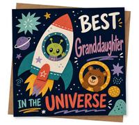 Birthday Card for Granddaughter, Rocket Aliens & Bear | Cute rocket and friendly alien characters with a smiling bear, plus “Best Granddaughter in the Universe” text.
