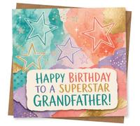 Birthday Card for Grandfather, Superstar Stars Message | Colourful watercolour stars and gold flecks with the words “Happy Birthday to a Superstar Grandfather!” on the front.