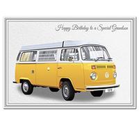 Birthday Card for Grandson- Classic Car Vintage - Happy Best Wishes for him - Cool Unique Vector Art - Special Male Greeting - Blank Inside - Unusual 1970's T2 Camper Van - Made in UK