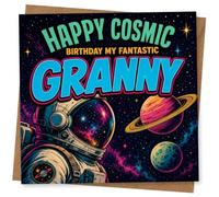Birthday Card for Granny, Astronaut & Cosmic Text | Bold space scene with astronaut, stars and planets, plus the slogan “Happy Cosmic Birthday My Fantastic Granny”.