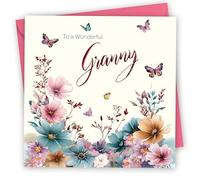 Birthday Card for Granny. Butterflies & Flowers Design with Gold Foiled text. 150x150mm supplied with Envelope. Eco-friendly. Message inside. Made in Britain.