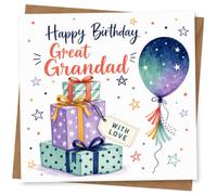 Birthday Card for Great Grandad, Gifts & Starry Balloon | Colourful front for Great Grandad with stacked presents, star details, a starry balloon and a “With Love” tag.