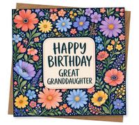 Birthday Card for Great Granddaughter, Navy Daisies, Bold | Bright daisy-style blooms scattered on navy with bold “Happy Birthday Great Granddaughter” wording in the centre.