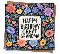 Birthday Card for Great Grandma, Bright Navy Floral Border | Vibrant painted flowers on a navy background with bold “Happy Birthday Great Grandma” message in the middle.