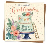 Birthday Card for Great Grandma, Cake, Bunting & Confetti | Floral two-tier cake with pastel bunting and confetti dots, plus “Happy Birthday” for a wonderful Great Grandma
