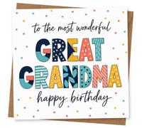 Birthday Card for Great Grandma, Patterned Block Text | Reads “to the most wonderful GREAT GRANDMA happy birthday” in bold patterned letters, with bright confetti dots.