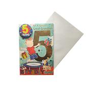 Birthday Card for Great Grandson Age 5 - Includes Badge and Envelope - Animated Little Boy Design Jumping On a Trampoline with His Pet Dog Next to Him