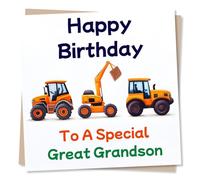 Birthday Card for Great Grandson - Tractor & Digger Design - Great Grandson Birthday Card For A Special Grandson