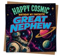 Birthday Card for Great Nephew, Happy Cosmic Astronaut | Bold space scene with astronaut, planets and stars plus the message “Happy Cosmic Birthday My Fantastic Great Nephew”.