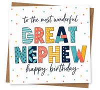 Birthday Card for Great Nephew, Patterned Letters | Bright patterned lettering and confetti dots read “to the most wonderful GREAT NEPHEW happy birthday”.