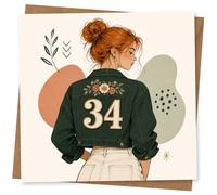 Birthday Card for Her Age 34, Stylish Illustrated Woman with Floral Jacket Design, Cute 34th Birthday Greeting Card for Daughter, Wife, Sister or Friend